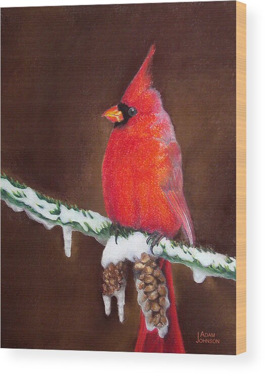 Cardinal Wood Print featuring the painting Male Cardinal by Adam Johnson