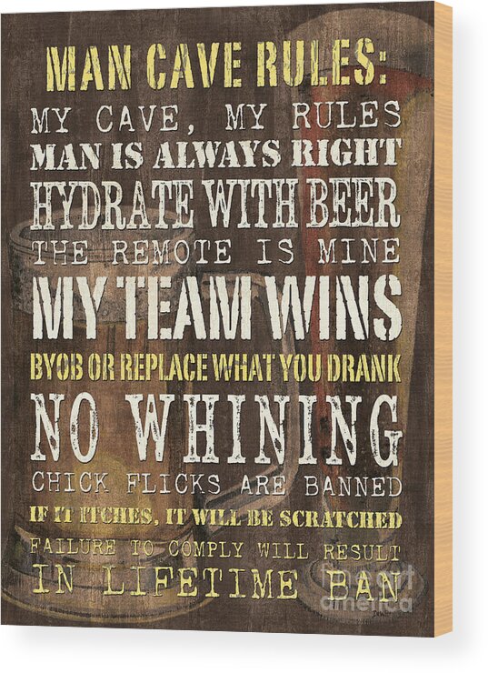 Man Wood Print featuring the painting Man Cave Rules 2 by Debbie DeWitt