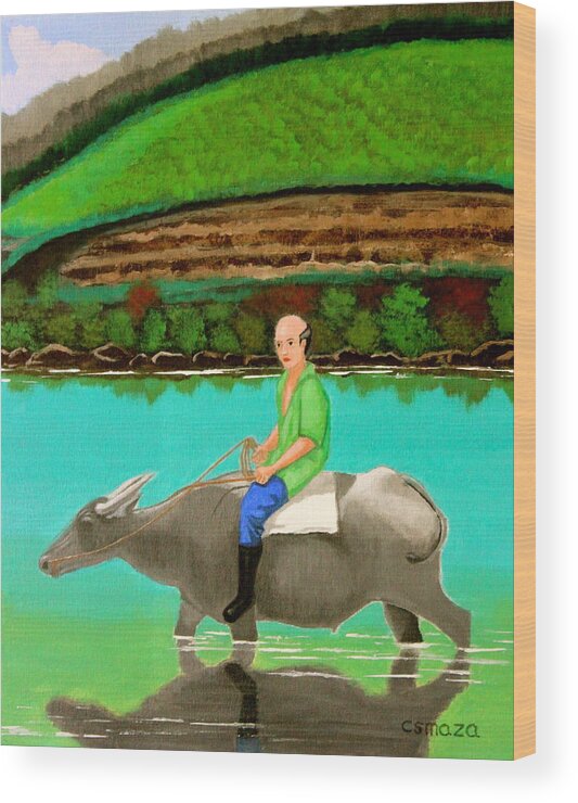 Landscape Wood Print featuring the painting Man Riding a Carabao by Cyril Maza
