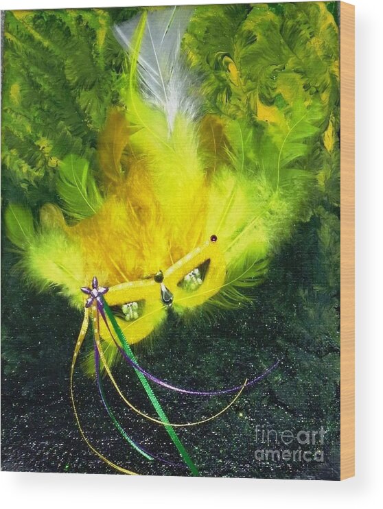 Mixed Media Wood Print featuring the painting Mardi Gras on Green by Alys Caviness-Gober