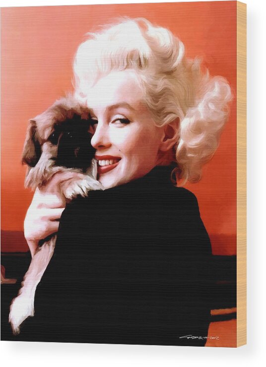 Marilyn Monroe Wood Print featuring the digital art Marilyn Monroe and Pekingese Portrait by Gabriel T Toro