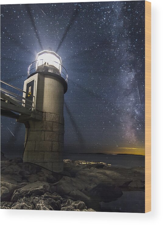 Astrophotography Wood Print featuring the photograph Marshall Lighthouse and the Night Sky by John Vose