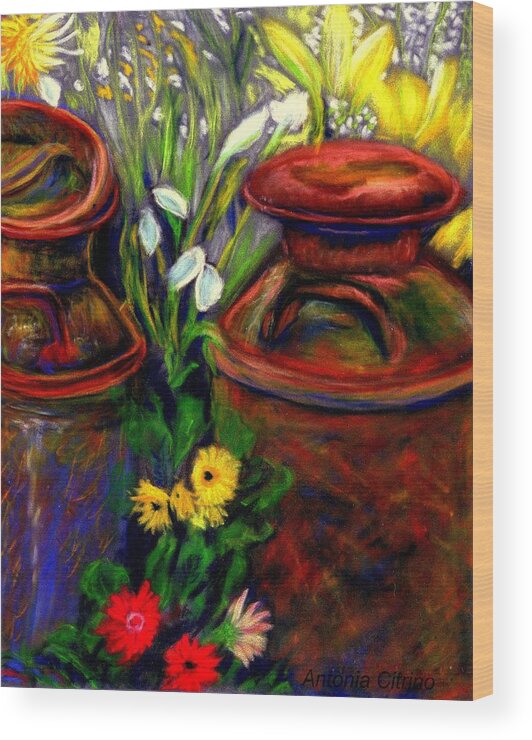 Milk Cans Wood Print featuring the pastel Milk Cans at Flower Show Sold by Antonia Citrino
