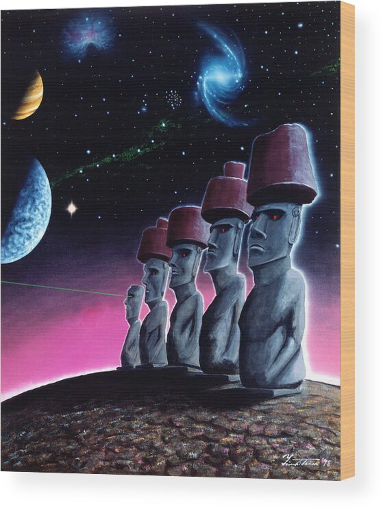 Moai Wood Print featuring the painting Moai on the Small Planet by Yuichi Tanabe