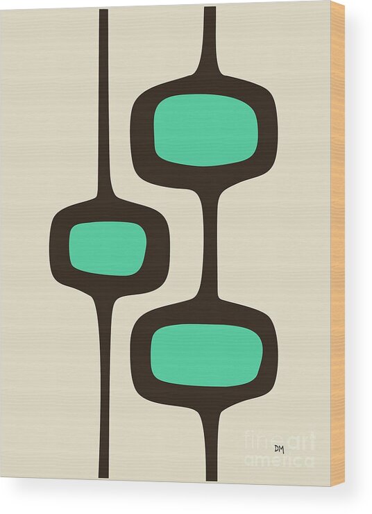Mid Century Modern Wood Print featuring the digital art Mod Pod Two Aqua with Brown by Donna Mibus
