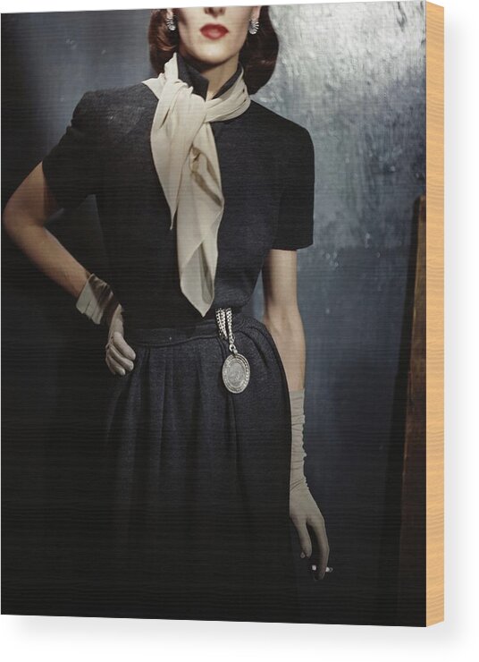 One Person Wood Print featuring the photograph Model In A Gray Wool Dress by Frances McLaughlin-Gill