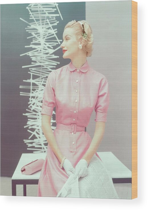 One Person Wood Print featuring the photograph Model In A Pink Silk Shantung Dress by Clifford Coffin; Frances McLaughlin-Gill