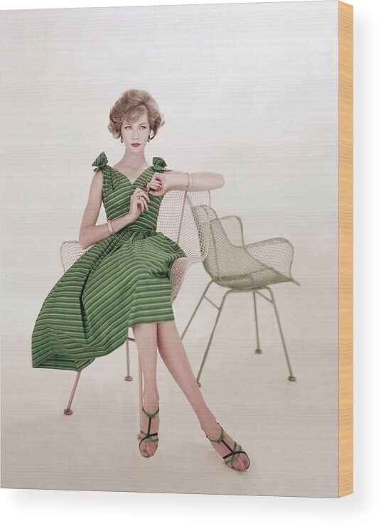 One Person Wood Print featuring the photograph Model In A Striped Dress By Rhea by Karen Radkai
