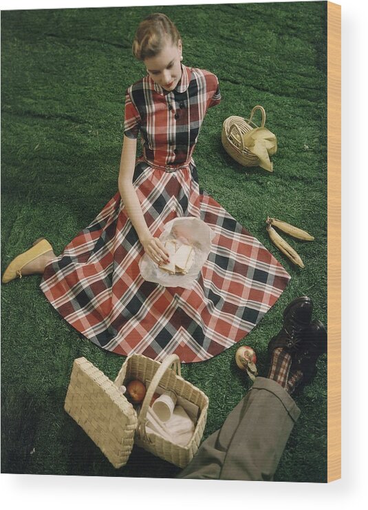 25-29 Years Wood Print featuring the photograph Model In Gingham Dress Sitting On A Staged Lawn by Frances McLaughlin-Gill