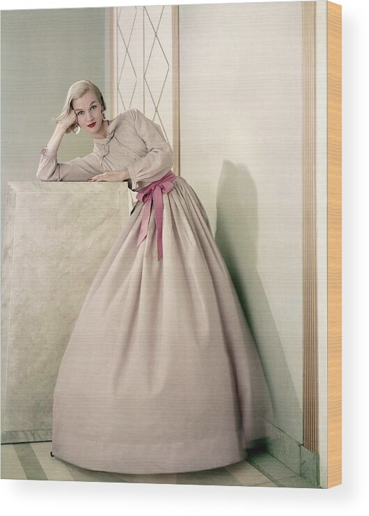 Full-length Wood Print featuring the photograph Model Wearing A Pink Shirt And Full Skirt by Frances McLaughlin-Gill