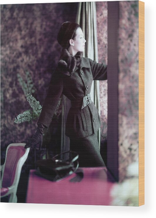 Indoors Wood Print featuring the photograph Model Wearing Ben Zuckerman Tweed Suit By Window by Horst P. Horst