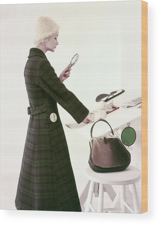 One Person Wood Print featuring the photograph Model Wearing Tartan Coat by Frances McLaughlin-Gill