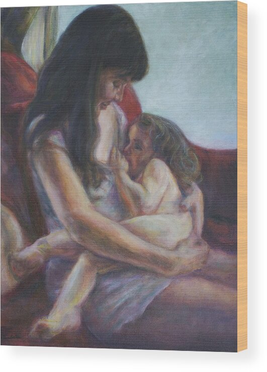 Portrait Wood Print featuring the painting Mother and Child by Quin Sweetman