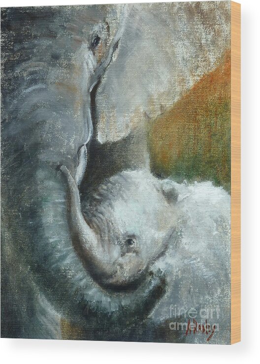 Wildlife Elephant Elephants Africa African Motherhood Love Baby Love Maternal Wood Print featuring the painting Mother Baby Love by Ann Radley