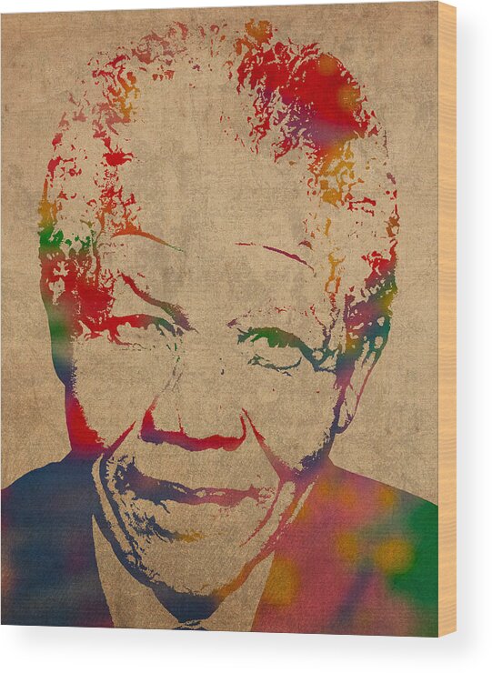 Nelson Wood Print featuring the mixed media Nelson Mandela Watercolor Portrait on Worn Distressed Canvas by Design Turnpike