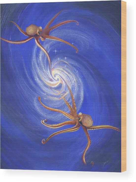 Nature Wood Print featuring the drawing Octopi Dance of Creation by Robin Aisha Landsong