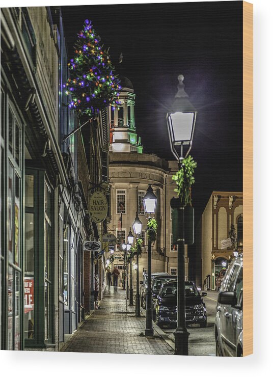 Bath Maine Center Main Street City Hall Christmas Holiday Wood Print featuring the photograph Out for a stroll by David Hufstader