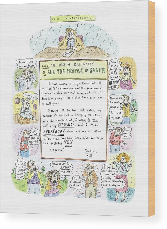 Gates Wood Print featuring the drawing 'paid Advertisement' by Roz Chast