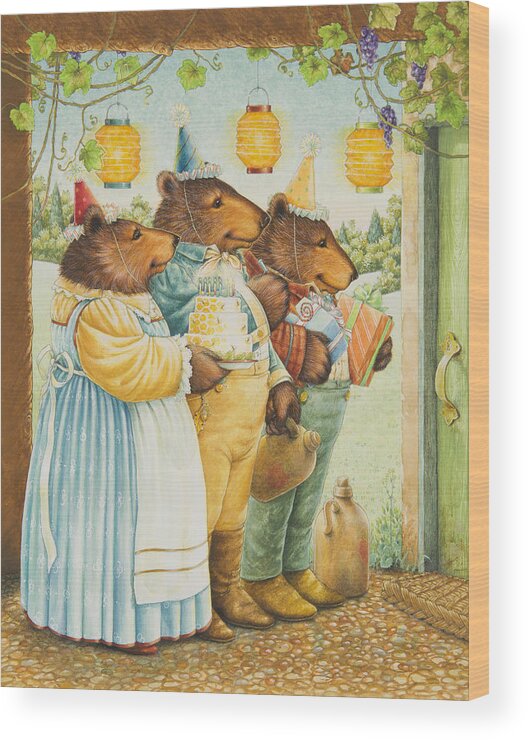 Birthday Wood Print featuring the painting Party Bears by Lynn Bywaters