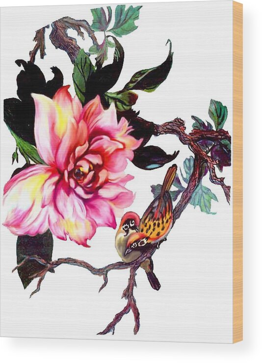 Peony Wood Print featuring the mixed media Peony and Birds by Anthony Seeker