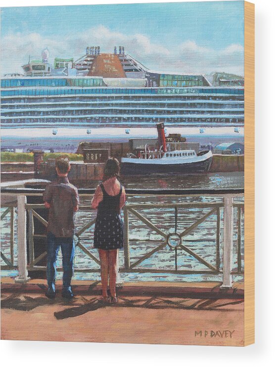 Ship Wood Print featuring the painting People at Southampton Eastern Docks viewing ship by Martin Davey