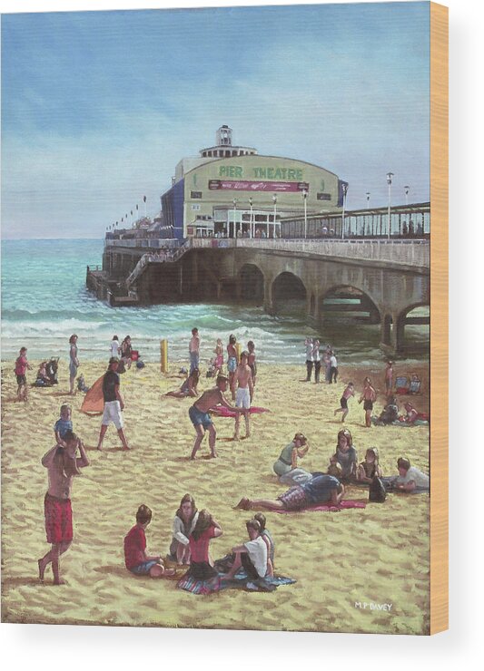 Bournemouth Wood Print featuring the painting people on Bournemouth beach Pier theatre by Martin Davey