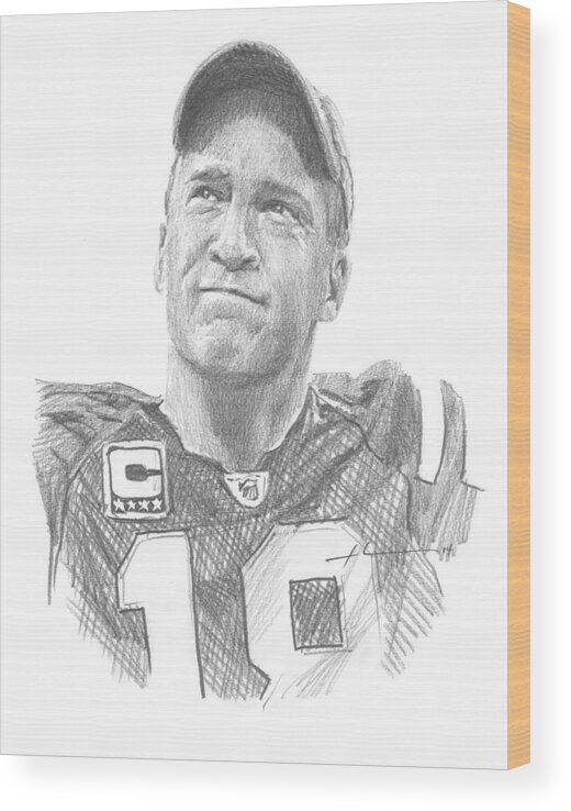 <a Href=http://miketheuer.com Target =_blank>www.miketheuer.com</a> Peyton Manning Colts Farewell Pencil Portrait Wood Print featuring the painting Peyton Manning Colts Farewell Pencil Portrait by Mike Theuer
