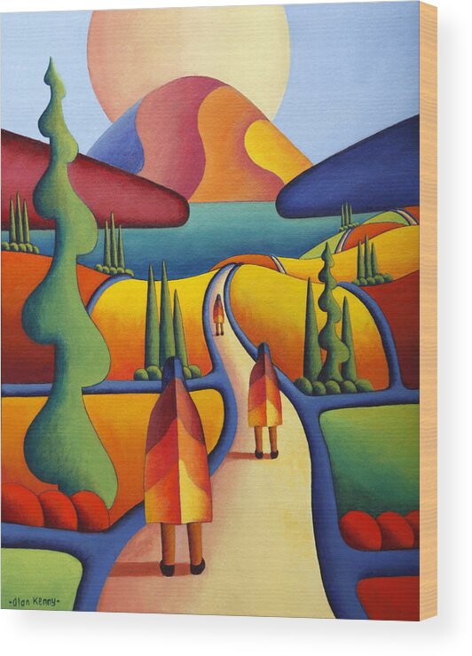 Pilgrimage  Wood Print featuring the painting Pilgrimage To The Sacred Mountain With 3 Figures by Alan Kenny
