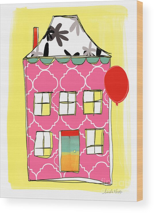 House Wood Print featuring the painting Pink House by Linda Woods