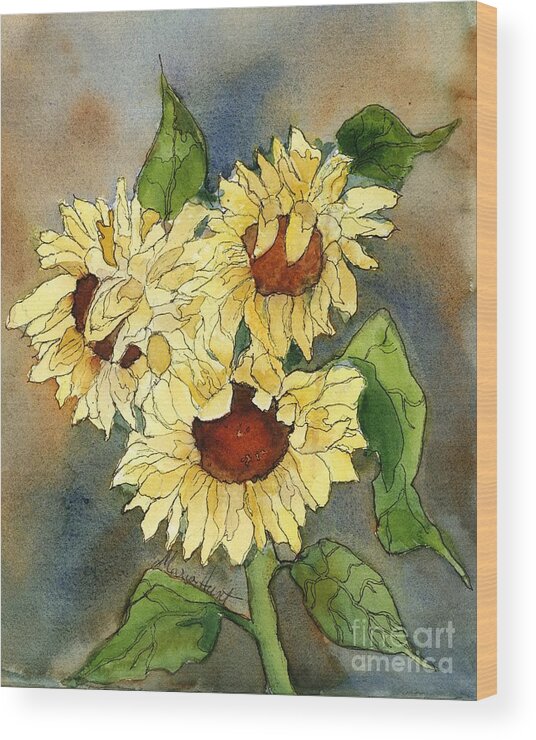 Sunflowers Wood Print featuring the painting Portrait of Sunflowers by Maria Hunt