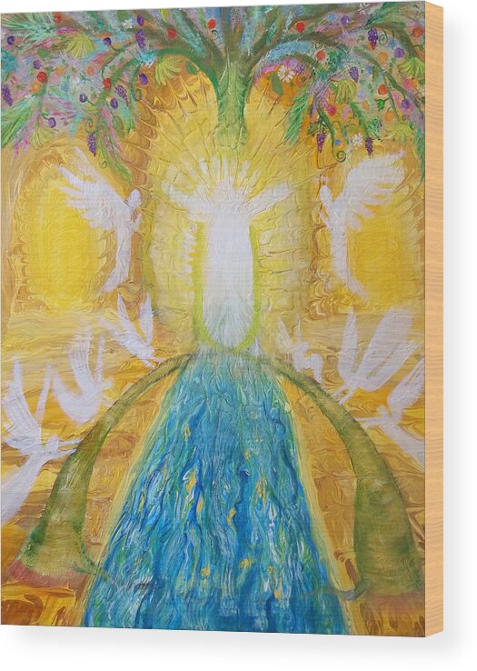 Prophetic Wood Print featuring the painting Prophetic Message Sketch 11 Two Trees become One Tree and River of Life by Anne Cameron Cutri