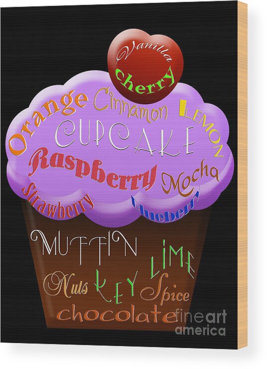 Food Wood Print featuring the digital art Purple Cupcake Typography by Andee Design