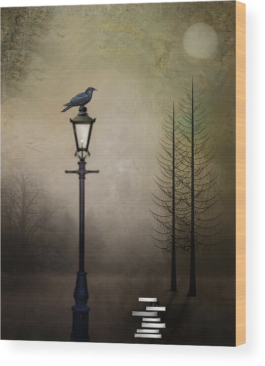 Poe Inspired Digital Painting Wood Print featuring the digital art Quote the Raven by Charlene Murray Zatloukal