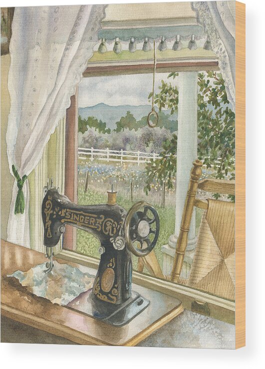Sewing Machine Painting Wood Print featuring the painting Rainy Day on the Old Farm by Anne Gifford