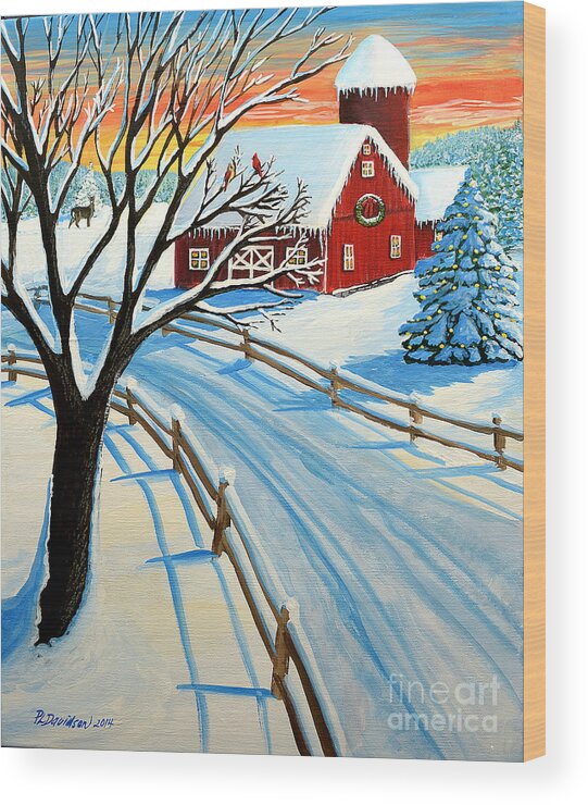 Red Barn Wood Print featuring the painting Red Barn In Winter by Pat Davidson