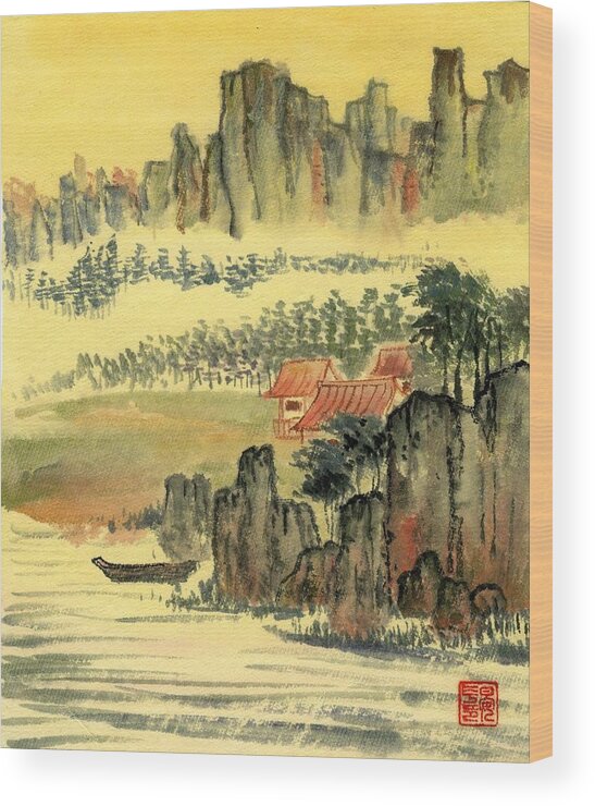  Wood Print featuring the painting Red Roof House by Ping Yan