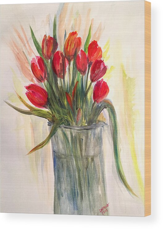Tulips Card Wood Print featuring the painting Red Tulips by Dorothy Maier