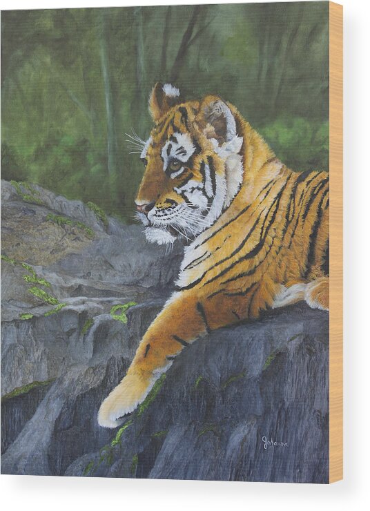 Tiger Wood Print featuring the painting Resting Place - Tiger Cub by Johanna Lerwick