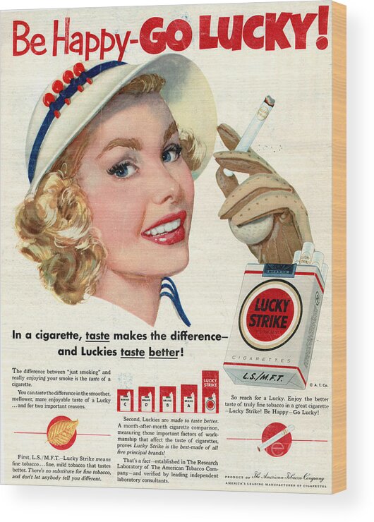 Retro Wood Print featuring the photograph Retro Cigarettes Marketing Ads Lucky Strike by Action