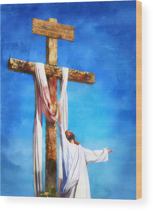 Almighty; Belief; Believe; Bible; Catholic; Christ; Christian; Christianity; Church; Cross; Crucifix; Crucifixion; Death; Divine; Easter; Faith; God; Good; Holiness; Holy; Hope; Inri; Jesus; Peace; Pray; Prayer; Protestant; Religion; Religious; Resur Wood Print featuring the digital art Risen by Frances Miller