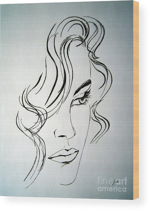 Face Drawn Wood Print featuring the drawing Ritratto di una donna sconosciuta - Portrait of an unknown woman by - Zedi -