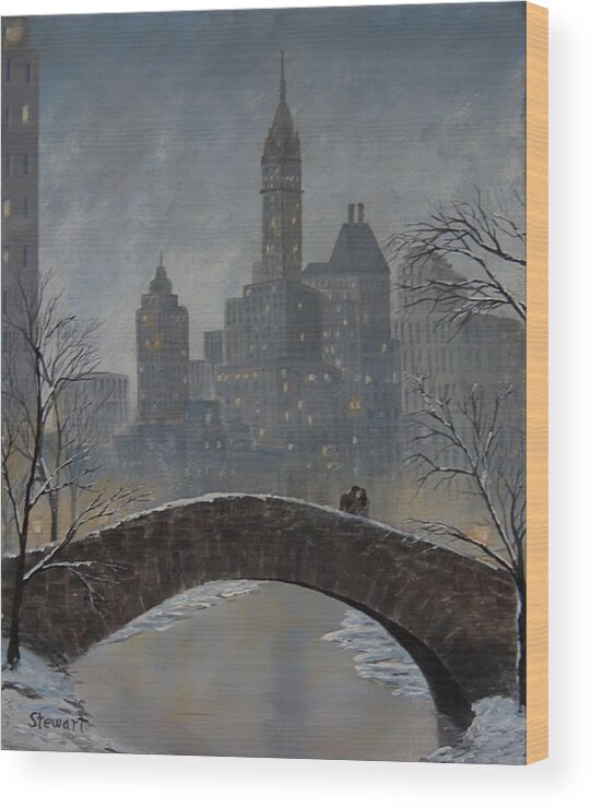 New York Wood Print featuring the painting Romance On Gapstow Bridge by William Stewart