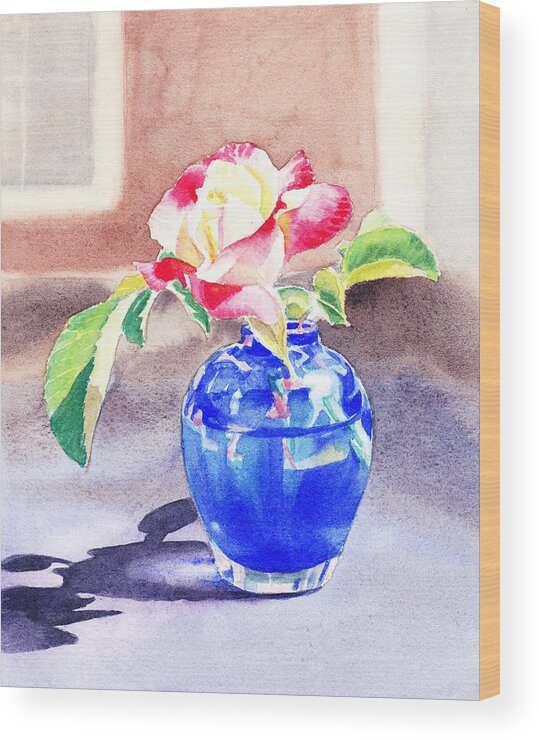 Rose Wood Print featuring the painting Rose in the Blue Vase by Irina Sztukowski