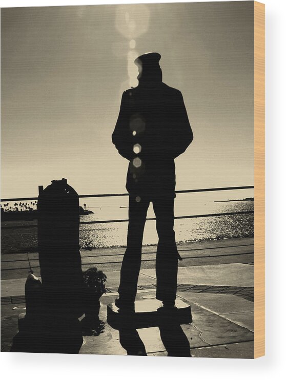Lone Sailor Wood Print featuring the photograph Sailor Statue over Long Beach Harbor by Denise Dube