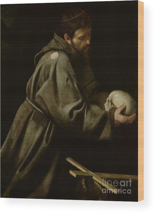 Monk Wood Print featuring the painting Saint Francis in Meditation by Michelangelo Merisi da Caravaggio