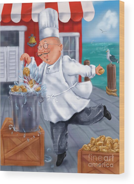 Chef Wood Print featuring the mixed media Seafood Chefs-Fresh Clams by Shari Warren