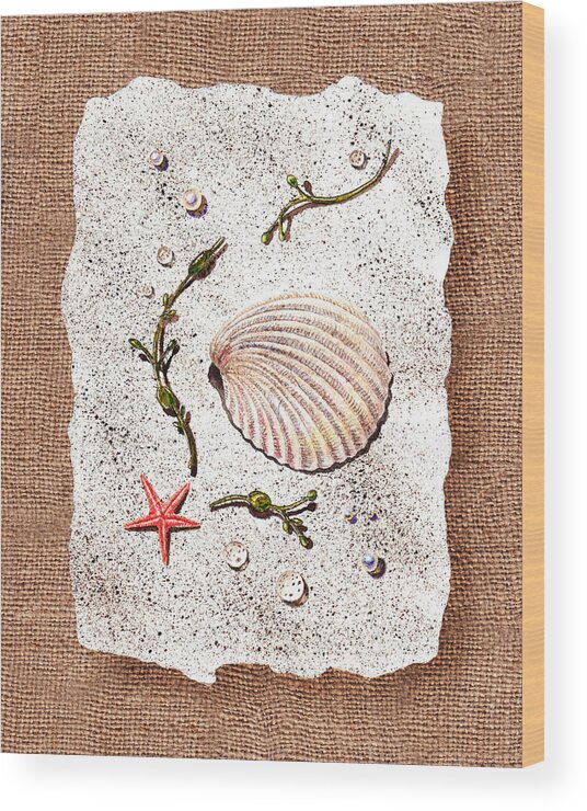 Seashell Wood Print featuring the painting Seashell With Pearls Sea Star And Seaweed by Irina Sztukowski