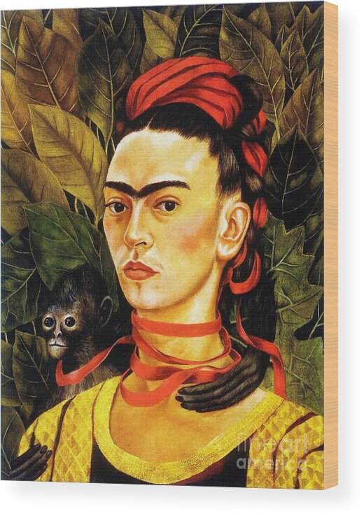 Pd Wood Print featuring the painting Self Portrait with Monkey by Thea Recuerdo