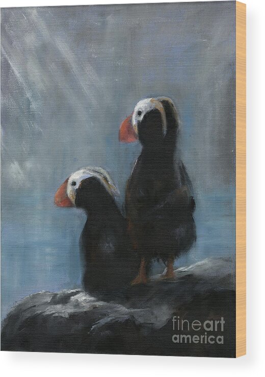 Puffins Wood Print featuring the painting Shore Patrol by Sharon Furze