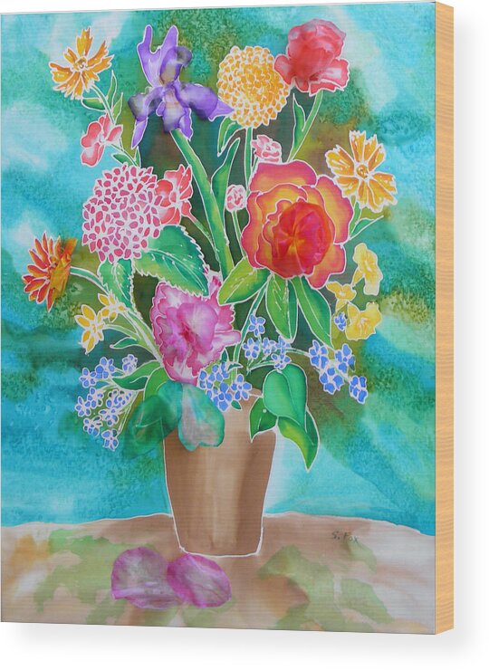 Silk Painting Wood Print featuring the painting Silk Teal Bouquet by Sandra Fox